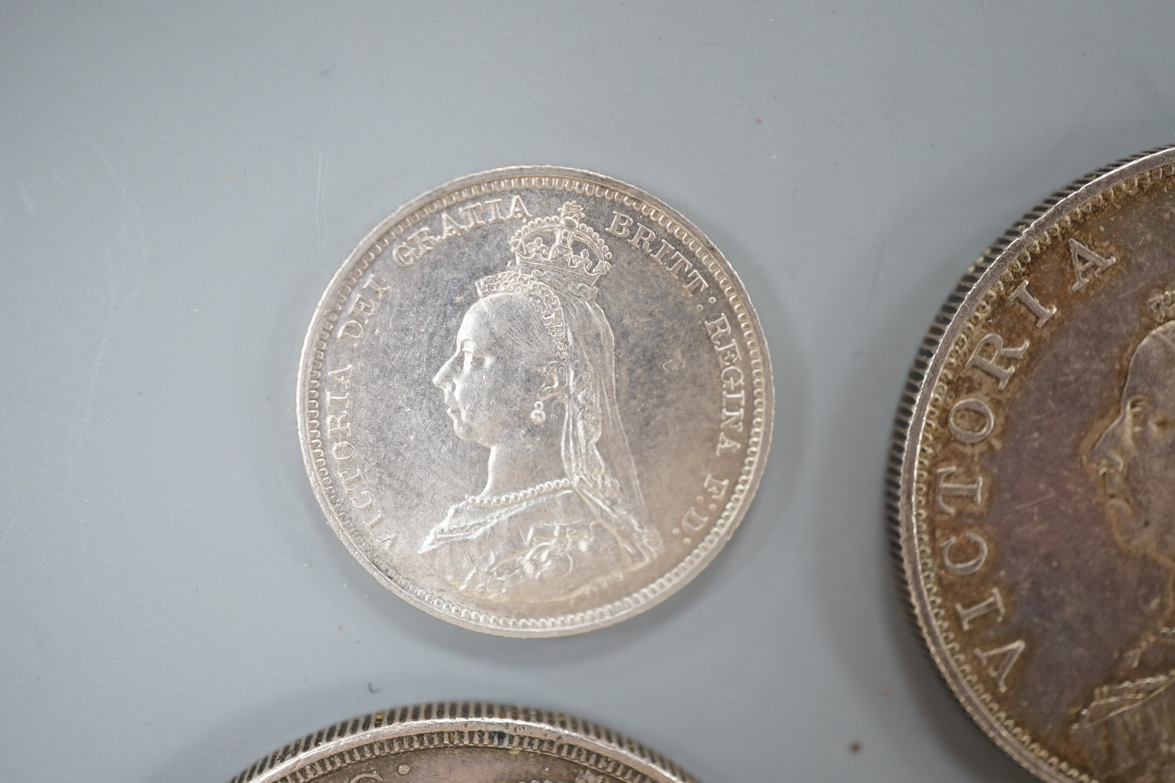 Victoria silver Jubilee head coins, double florin 1887, hairlines otherwise AEF, crown 1887, VF, florin 1887, VF, shilling 1887, EF